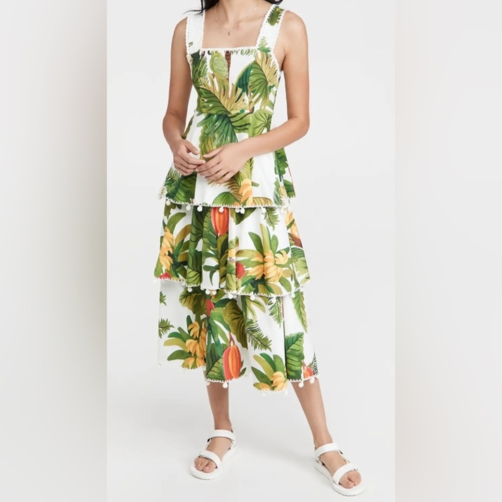 FARM Rio Green and Orange Tropical Midi Dress